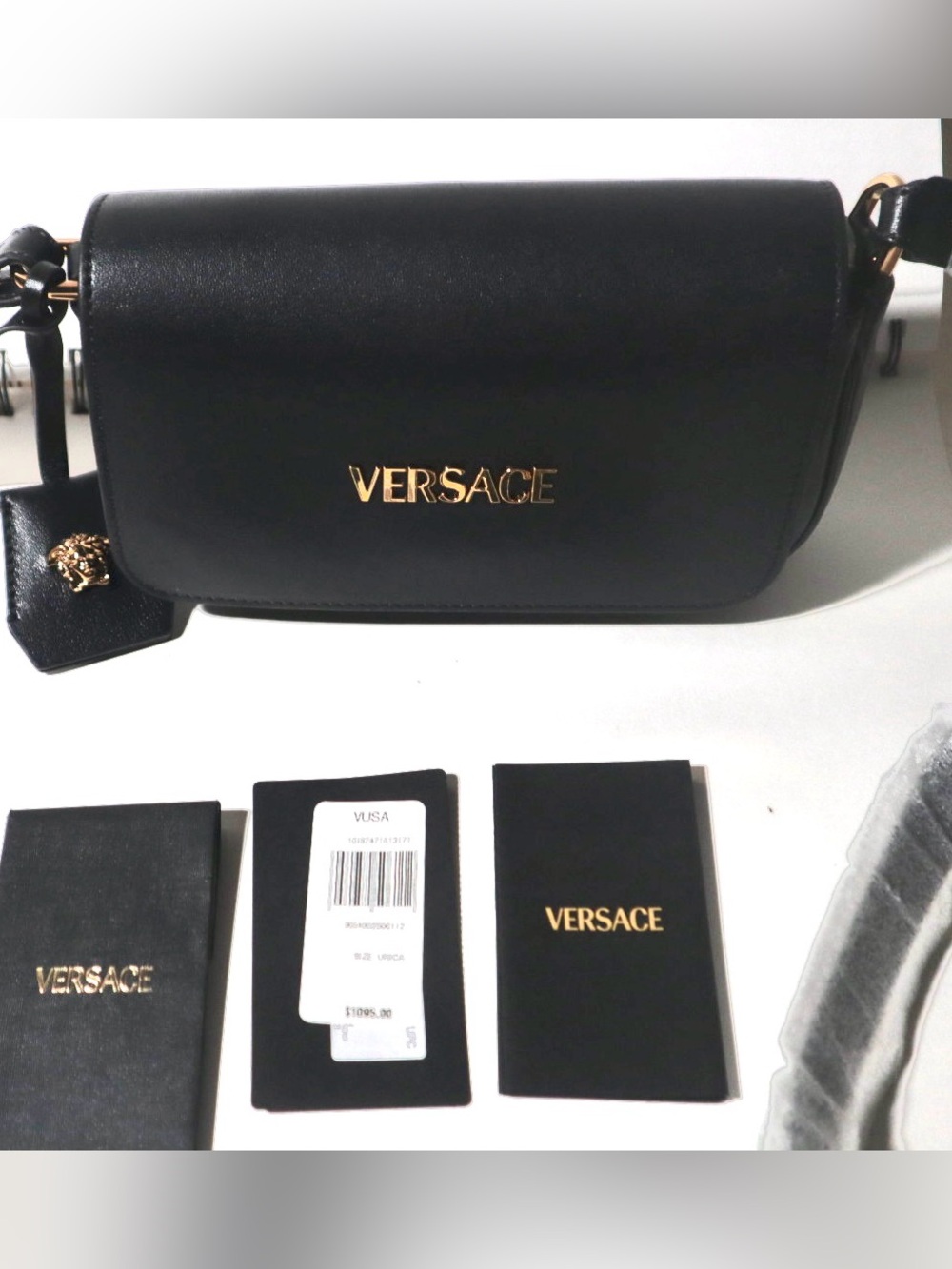 Versace Black Leather Crossbody “Versace Tag”